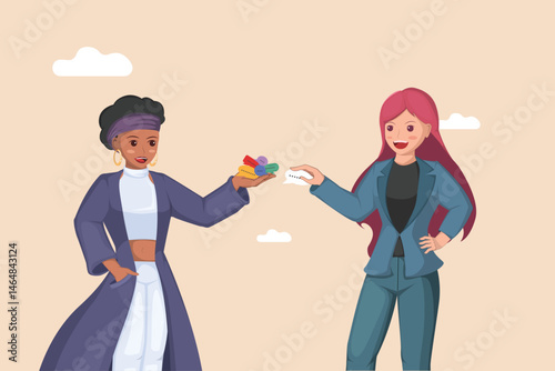 Illustration of a feedback exchange between two individuals with one offering rating elements and the other a comment.