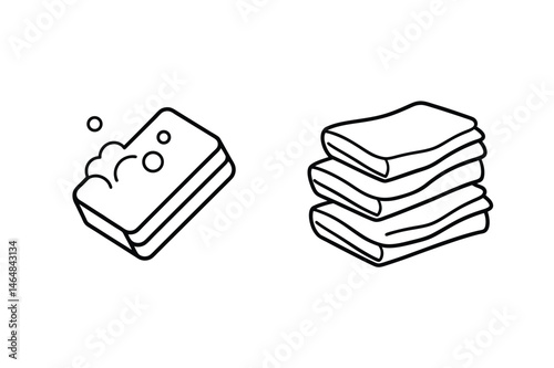 Simple black and white illustration of a soapy sponge and stacked towels