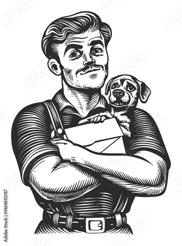 Retro Delivery Man Holding Letter and Dog in Classic Engraving Style