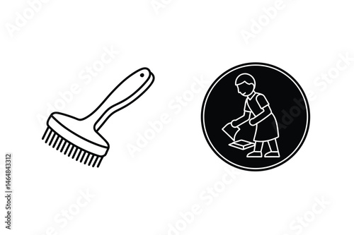 Cleaning supplies and an illustration of a person cleaning on a black background
