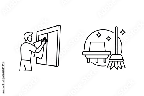 Illustrated icon set representing cleaning tasks and domestic chores in simple outlines