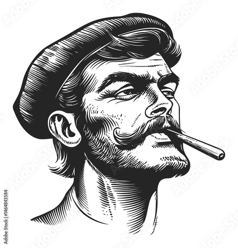 Vintage Engraving of a Man with a Mustache and Pipe