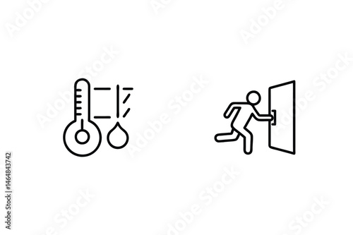 Icon illustration of high temperature with evaporation and person exiting the building