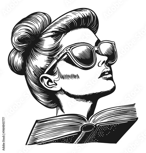 Stylish Woman with Sunglasses and Open Book in Engraving Style