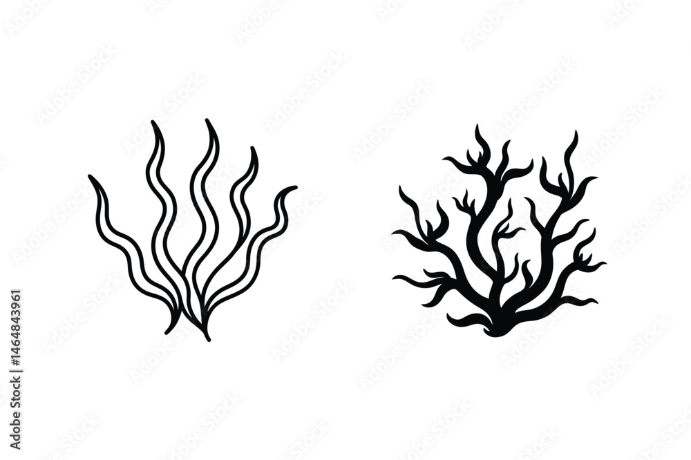Stylized vector illustrations of seaweed and coral reef elements in black and white designs Stylized vector illustrations of seaweed and coral reef elements in black and white designs