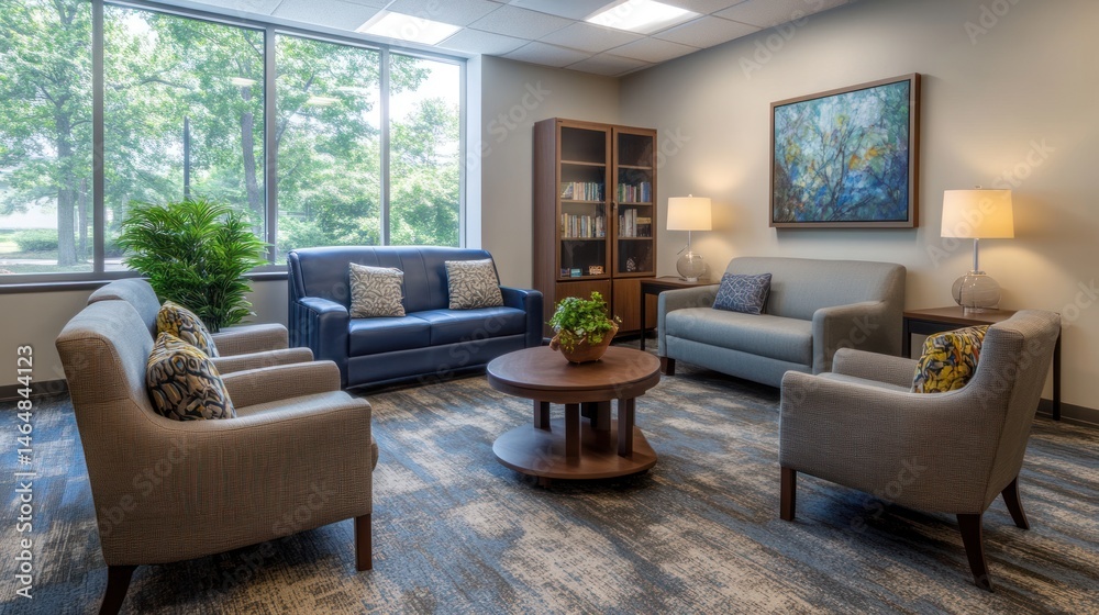 Fototapeta premium Modern office waiting area interior design comfortable seating natural light