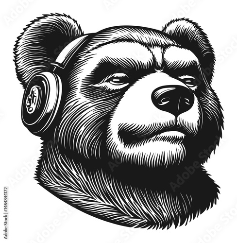 Engraved Bear Head Art with Headphones in Black and White Design