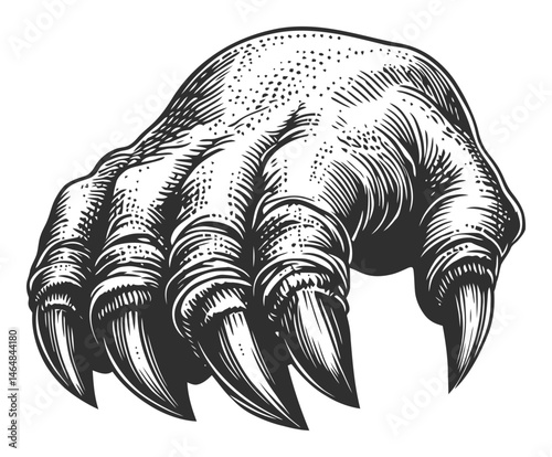 Detailed Engraving of a Bear Claw with Sharp Talons in Black and White