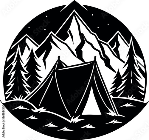 Mountain with pine tree camping tent silhouette vector