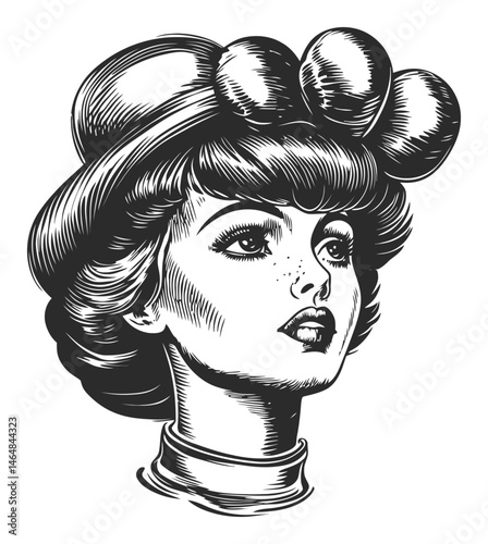Vintage Line Art Portrait of a Woman with a Stylish Hat