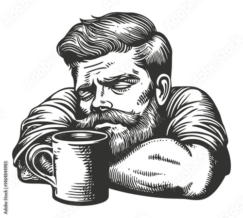 Thoughtful Man with Beard Reflecting Over Coffee Cup in Engraving Style