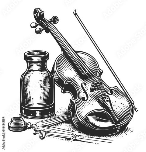 Vintage Engraving of Violin and Art Tools in Black and White