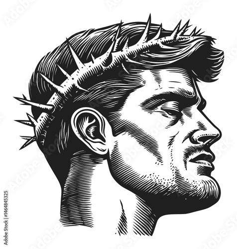 Detailed Engraving of Crowned Man with Thorny Headpiece in Profile
