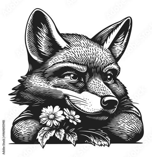Detailed Engraving of a Fox with Flowers in Black and White Style