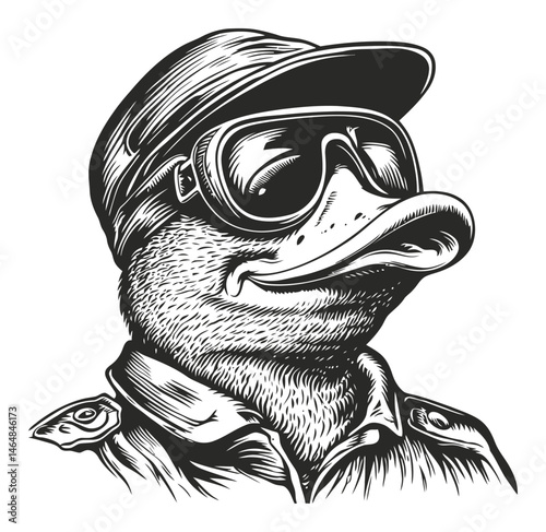 Detailed Engraved Line Art of a Quirky Duck with Sunglasses
