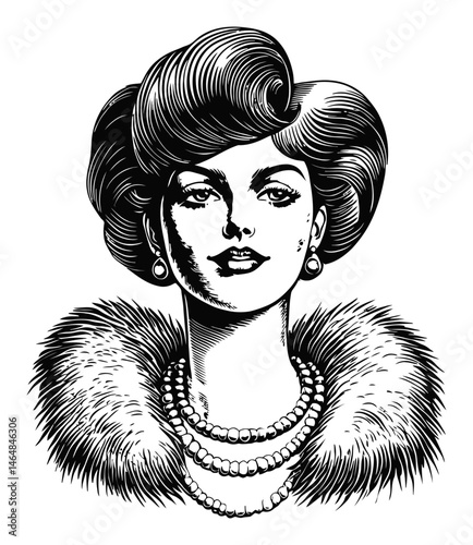 Elegant Vintage Woman Portrait in Engraving Style with Faux Fur