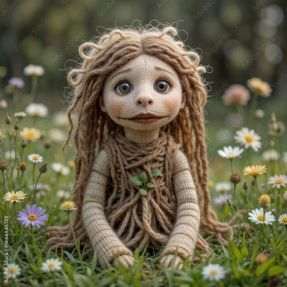Whimsical doll smiling amidst colorful wildflowers