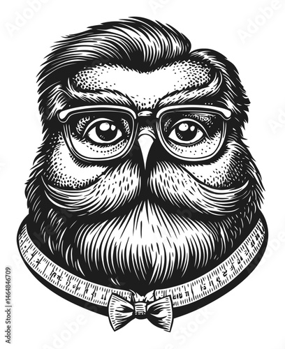 Detailed Vintage Owl Illustration with Glasses and Bow Tie Design