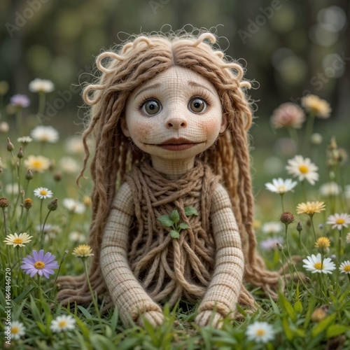 Obraz na płótnie Whimsical doll smiling amidst colorful wildflowers w salonie