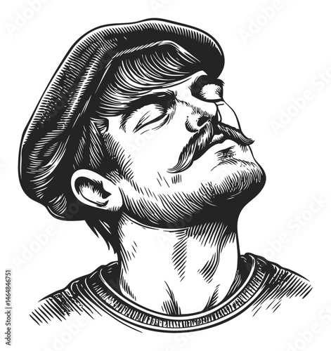Detailed Hand-Drawn Engraving of a Man with Mustache and Cap