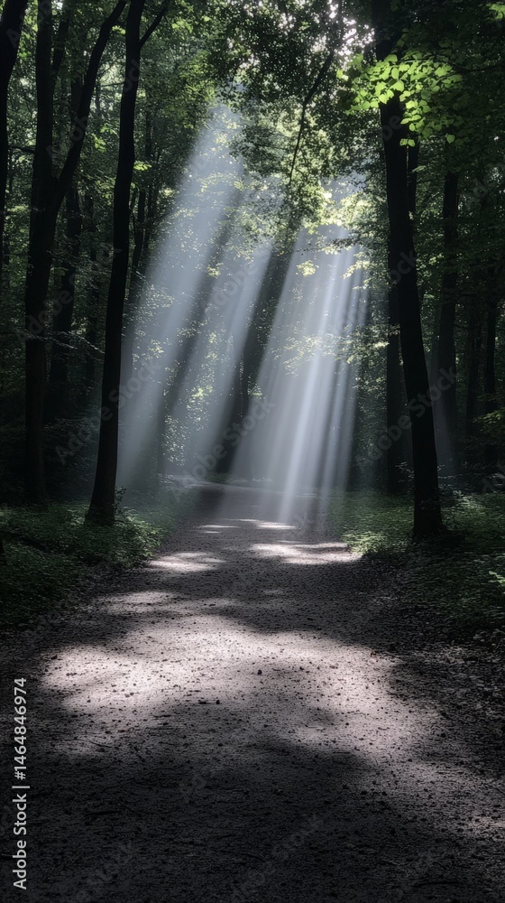 Fototapeta premium Sunlight beams in a peaceful forest, creating a serene and natural atmosphere