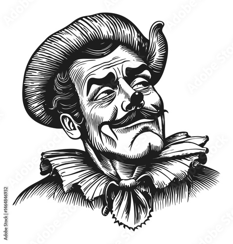 Vintage Engraved Illustration of a Smiling Clown with Hat