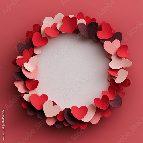 Cute heart frame vector illustration, kawaii style, small hearts in gradient colors from red to pink arranged in a perfect circle, white empty space in the middle for text placement, flat design
