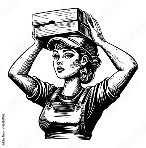 Vintage Engraving of a Woman Holding a Box Above Her Head
