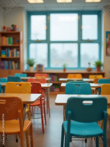 Bright and colorful classroom setting with vibrant chairs and natural light streaming in through large windows