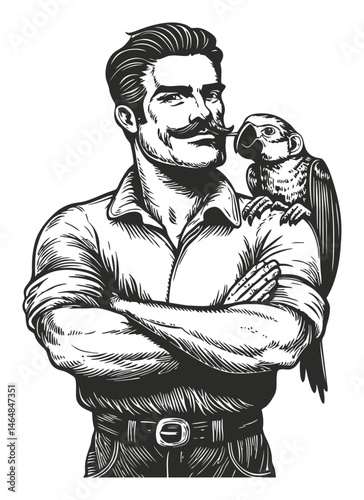 Vintage Engraved Portrait of a Man with a Parrot on His Shoulder