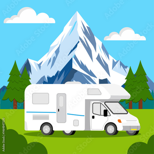 Motorhome, Campervan or RV in a campsite below a mountain, vacation or adventure concept