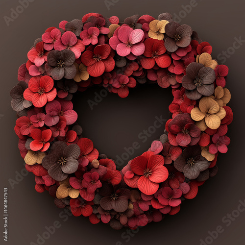 Modern heart-shaped border frame, geometric vector art style, symmetrical arrangement of multi-sized hearts creating a circular wreath, clean negative space in center for text, professional design