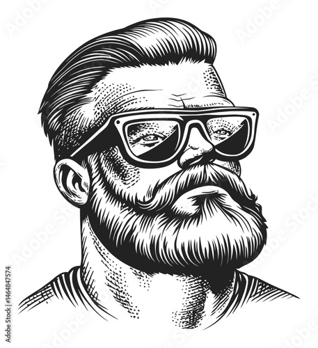 Detailed Engraving of a Confident Man with Beard and Sunglasses