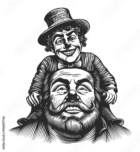 Vintage Engraving of Clown and Man in Humoristic Line Art Style