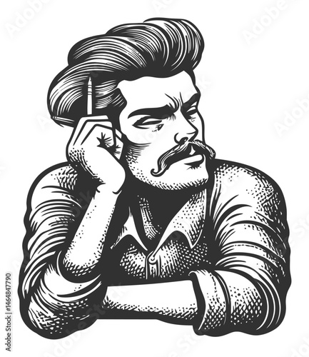 Vintage Male Portrait with Pencil and Thoughtful Expression in Engraving Style