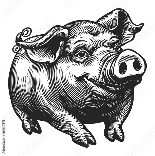 Vintage Engraved Illustration of a Happy Running Pig in Black and White