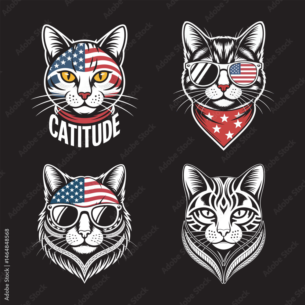 Fototapeta premium Patriotic Cats American Flag, Sunglasses, and Bandanas vector