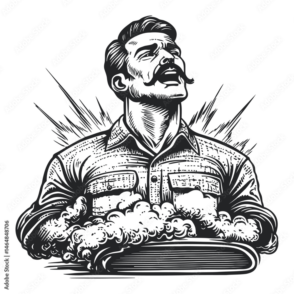 Fototapeta premium Vintage Engraving of a Man with Mustache and Rolling Pin in Art Style