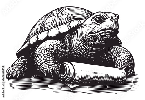 Detailed Black and White Engraving of a Turtle with Scroll