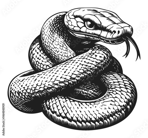 Detailed Black and White Engraving of a Coiled Snake Artwork