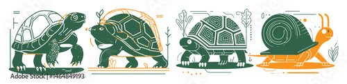 Four Stylish Tortoises and a Snail in Modern Flat Design