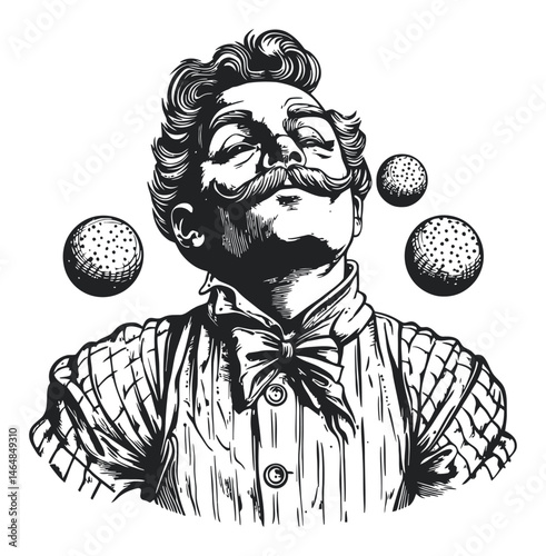 Vintage Engraving of a Juggler with Balls in Black and White Style