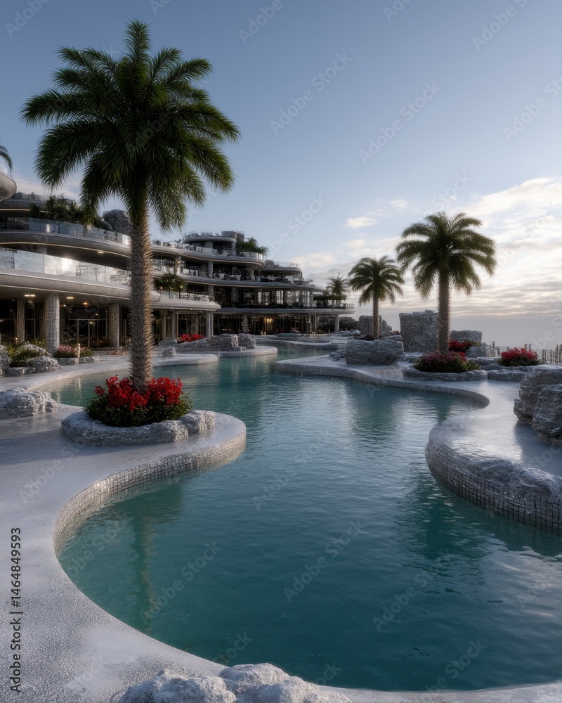 Fototapeta premium Winding teal pool with rock formations and red flowers near palm trees and multi-story building under clear blue sky