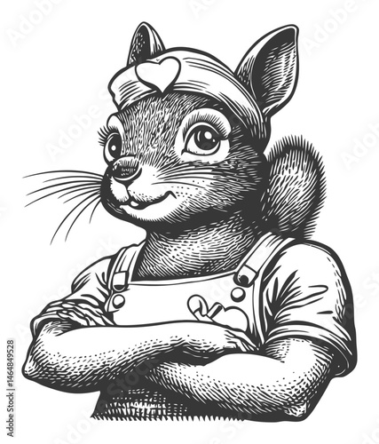 Vintage Engraving of Confident Squirrel with Heart and Overalls