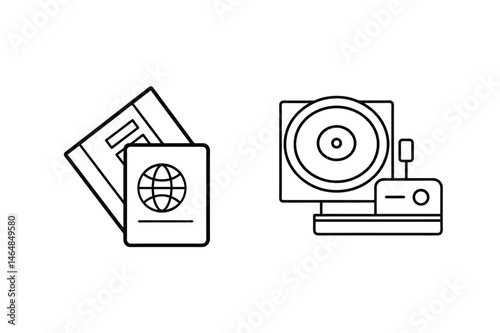 Passport and surveillance camera icons representing travel and security concepts in minimalist outline style