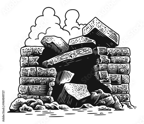 Detailed Engraving of a Crumbling Wall with Rocks and Clouds
