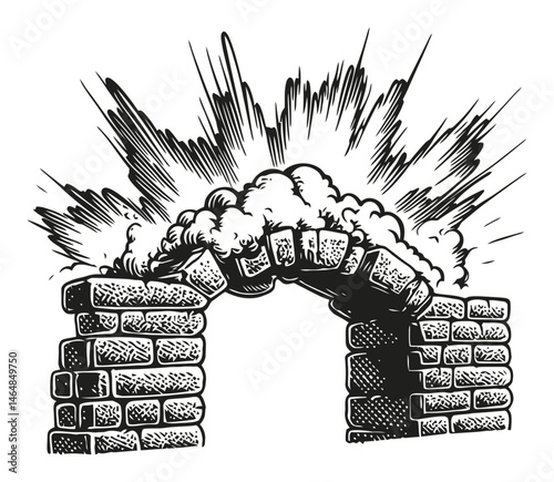 Vintage Engraving of Exploding Brick Archway with Erupting Clouds