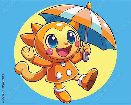Adorable Orange Cat Cartoon in Raincoat with Umbrella on Blue Background