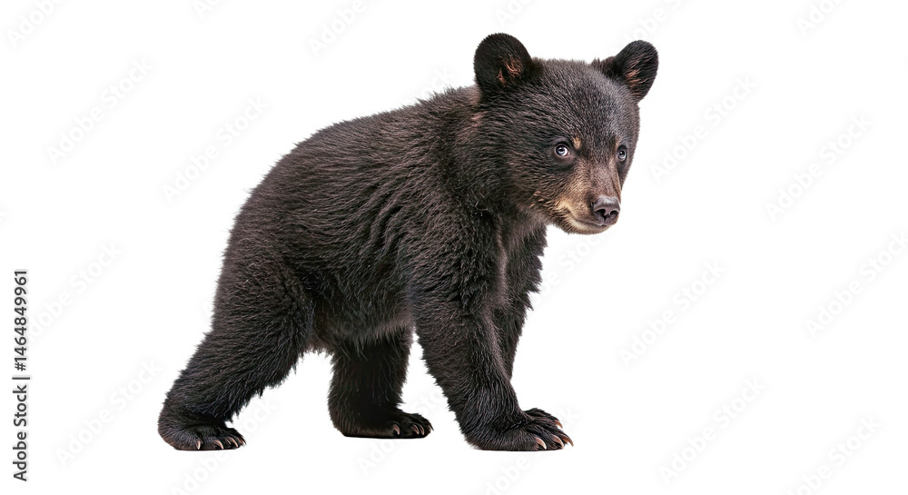 Fototapeta premium American black bear cub with soft black fur and playful pose, standing on hind legs, isolated on white