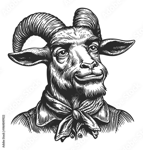 Detailed Black and White Engraving of a Goat with a Bandana